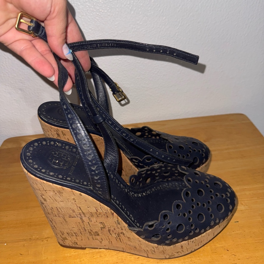 Tory Burch Navy Blue Leather Wedges